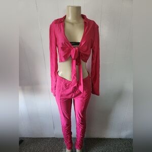 Women's Pink Ruched Pants Set With Matching Tie Front Top Size Large